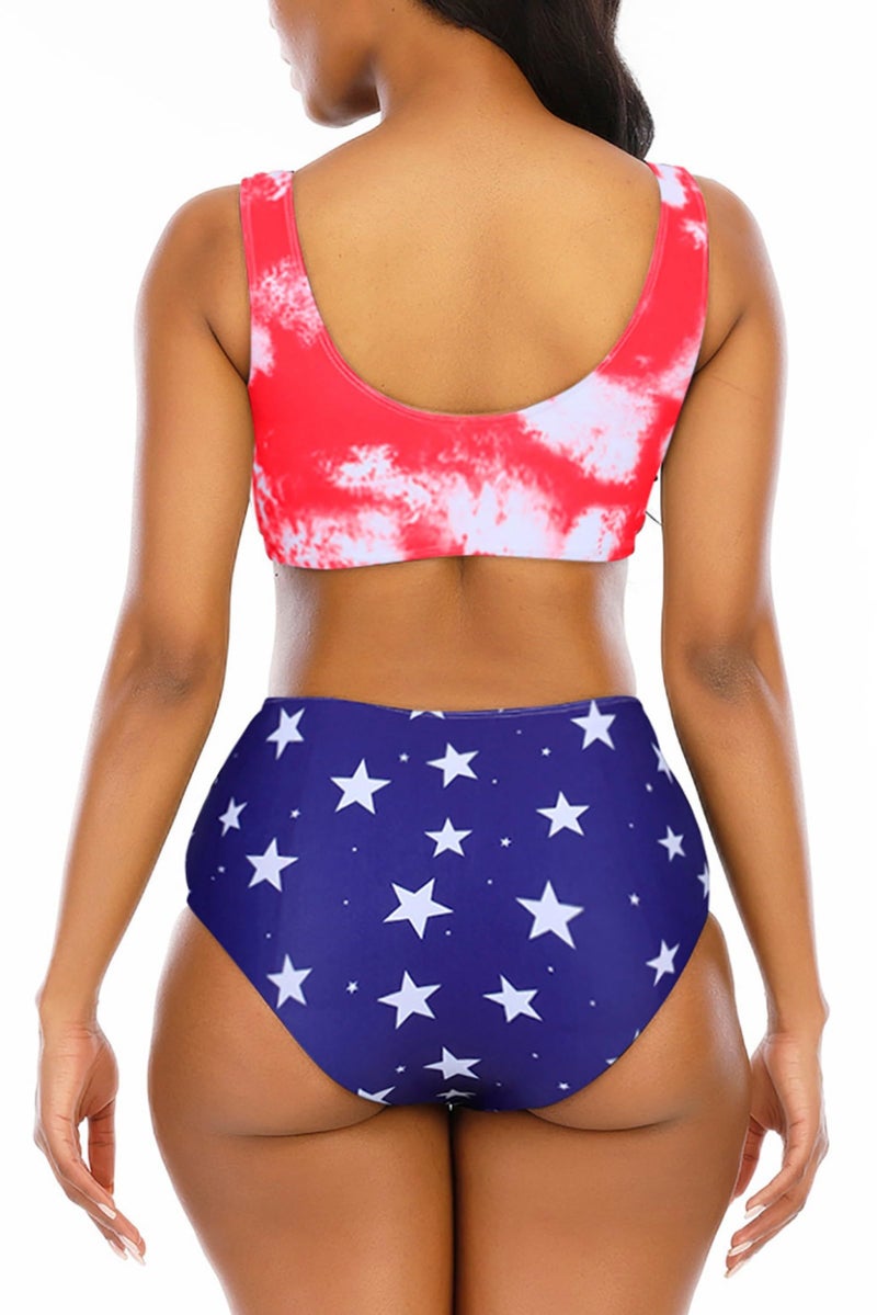 Adisputent Womens High Waisted Swimsuits Tie Dye Bandeau Top Rainbow Sports Style Low Scoop Crop Bikini Two Piece Bathing Suits,America Flag,M - Image 2